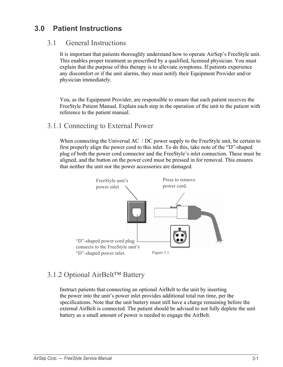 0 patient instructions, 1 general instructions, 1 connecting to external power | 2 optional airbelt™ battery | AirSep MN126-1 C User Manual | Page 19 / 69