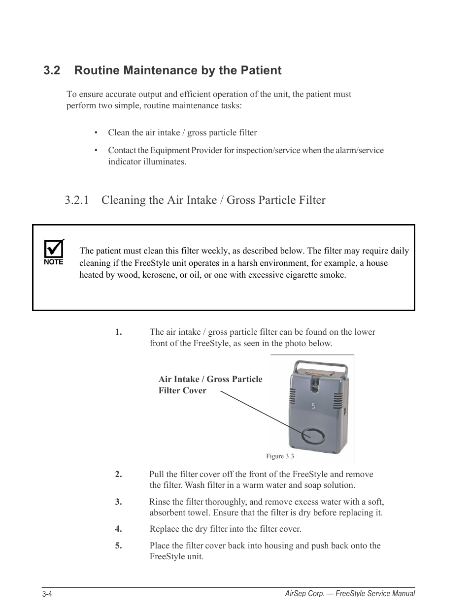 2 routine maintenance by the patient, 1 cleaning the air intake / gross particle filter | AirSep MN126-1 C User Manual | Page 22 / 69