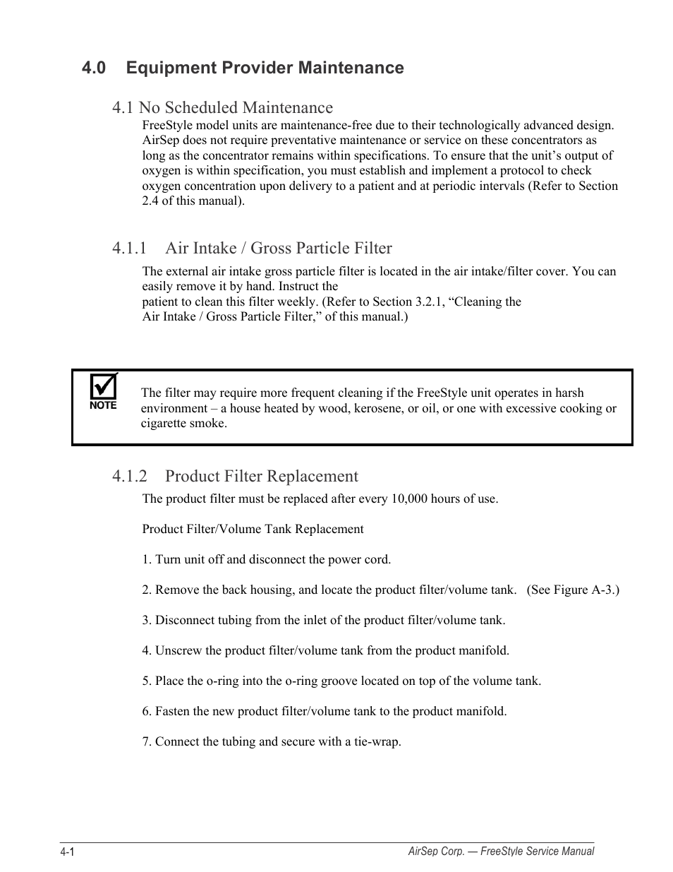 0 equipment provider maintenance, 1 no scheduled maintenance, 1 air intake / gross particle filter | 2 product filter replacement | AirSep MN126-1 C User Manual | Page 24 / 69