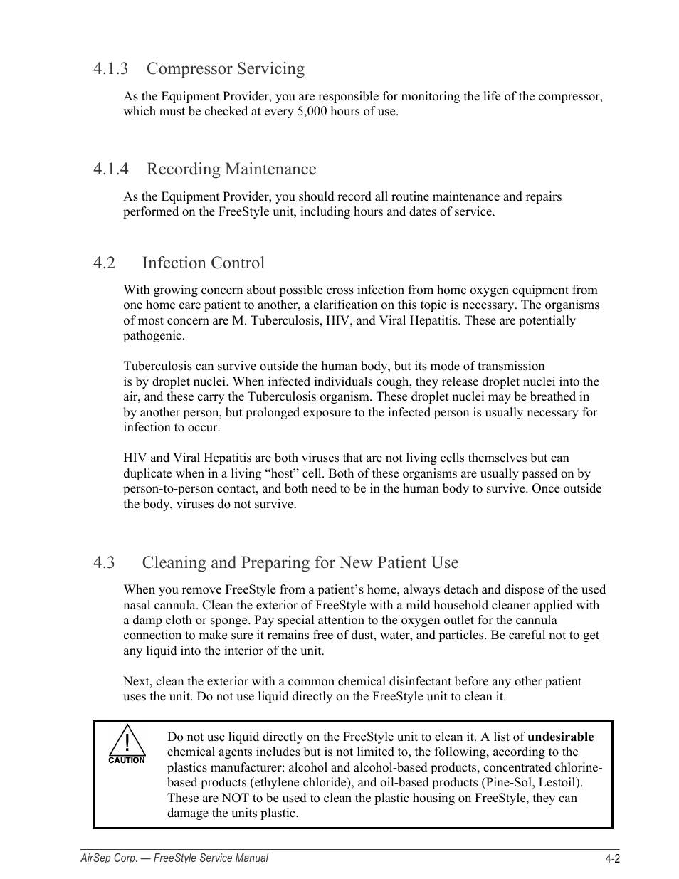 3 compressor servicing, 4 recording maintenance, 2 infection control | 3 cleaning and preparing for new patient use | AirSep MN126-1 C User Manual | Page 25 / 69