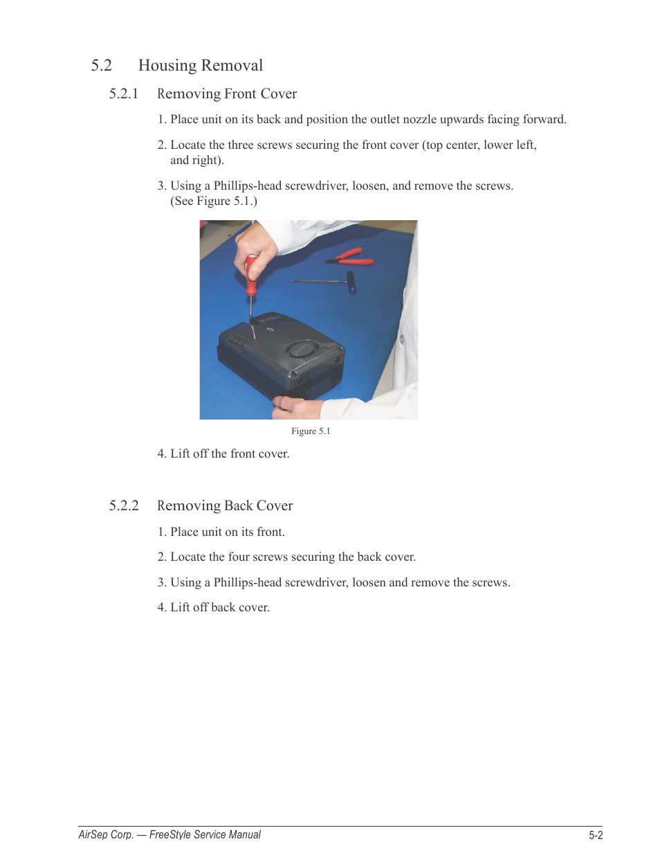 2 housing removal, 1 removing front cover, 2 removing back cover | AirSep MN126-1 C User Manual | Page 27 / 69