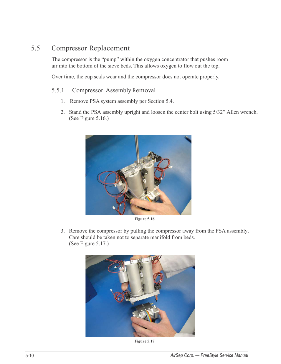 5 compressor replacement, 1 compressor assembly removal | AirSep MN126-1 C User Manual | Page 36 / 69