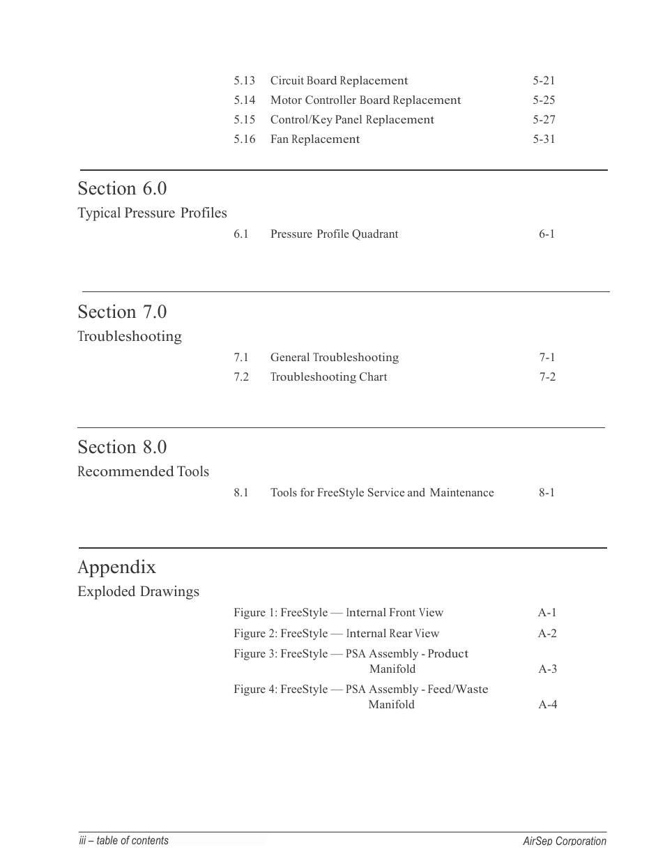 Appendix, Typical pressure profiles, Troubleshooting | Recommended tools, Exploded drawings | AirSep MN126-1 C User Manual | Page 5 / 69