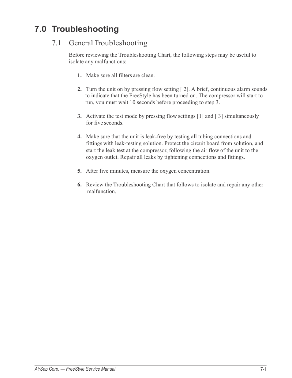 0 troubleshooting, 1 general troubleshooting | AirSep MN126-1 C User Manual | Page 60 / 69