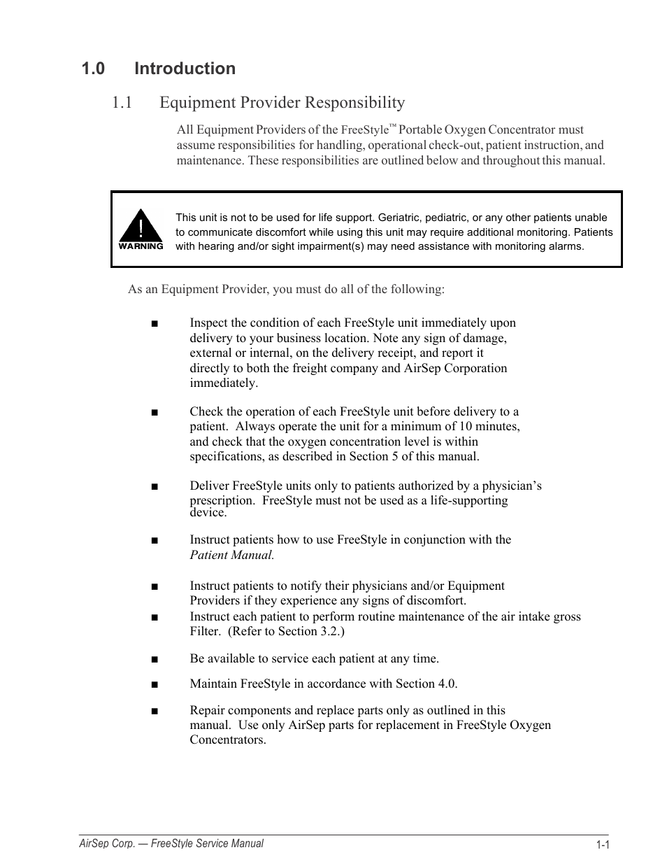 0 introduction, 1 equipment provider responsibility | AirSep MN126-1 C User Manual | Page 7 / 69