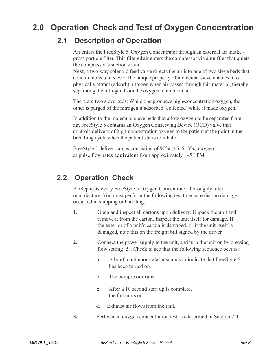 0 operation check and test of oxygen concentration, 1 description of operation, 2 operation check | AirSep MN179-1 B User Manual | Page 13 / 62