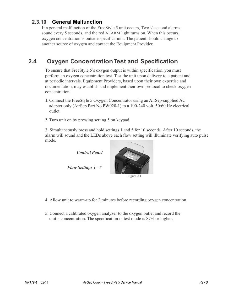 4 oxygen concentration test and specification, 10 general malfunction | AirSep MN179-1 B User Manual | Page 17 / 62