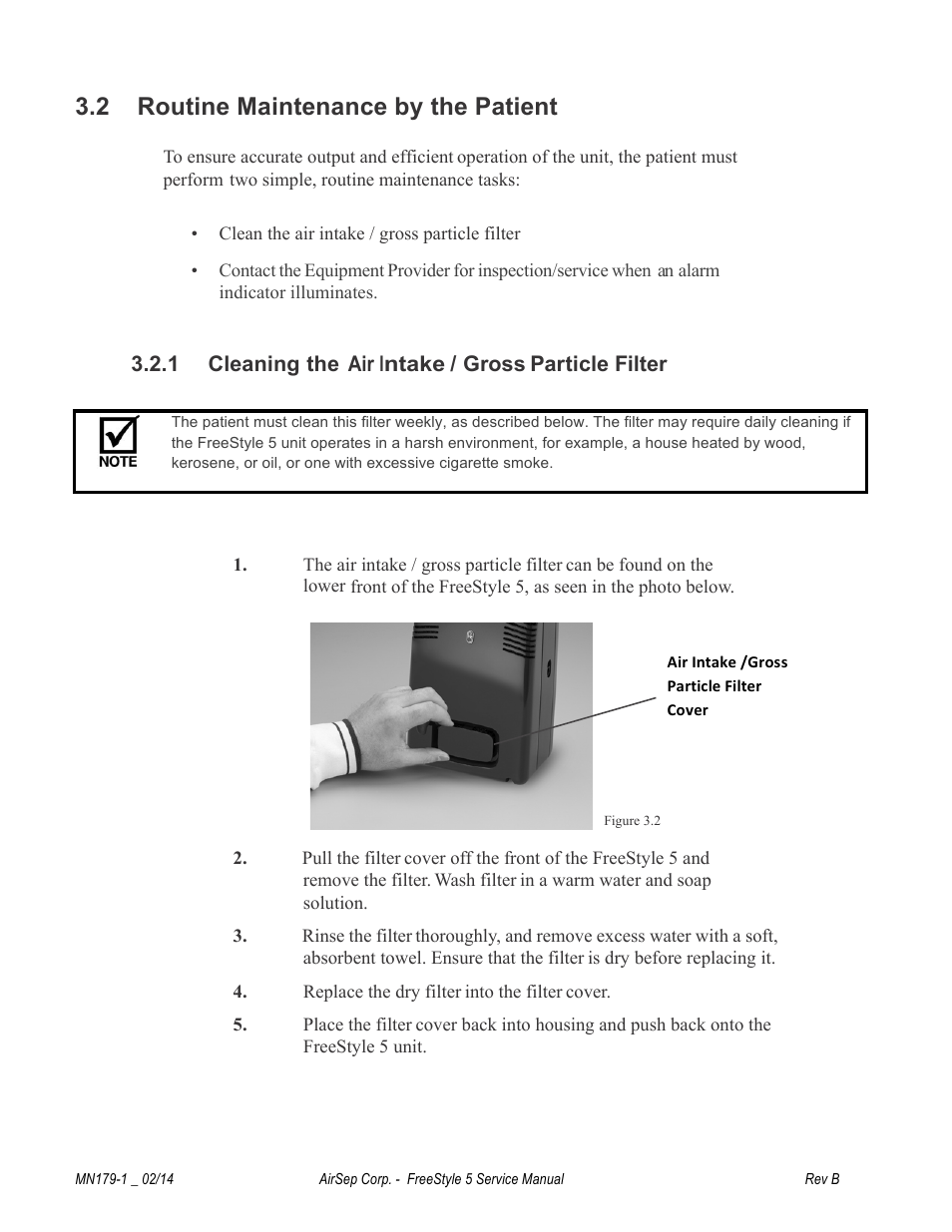 2 routine maintenance by the patient, 1 cleaning the air intake / gross particle filter | AirSep MN179-1 B User Manual | Page 21 / 62