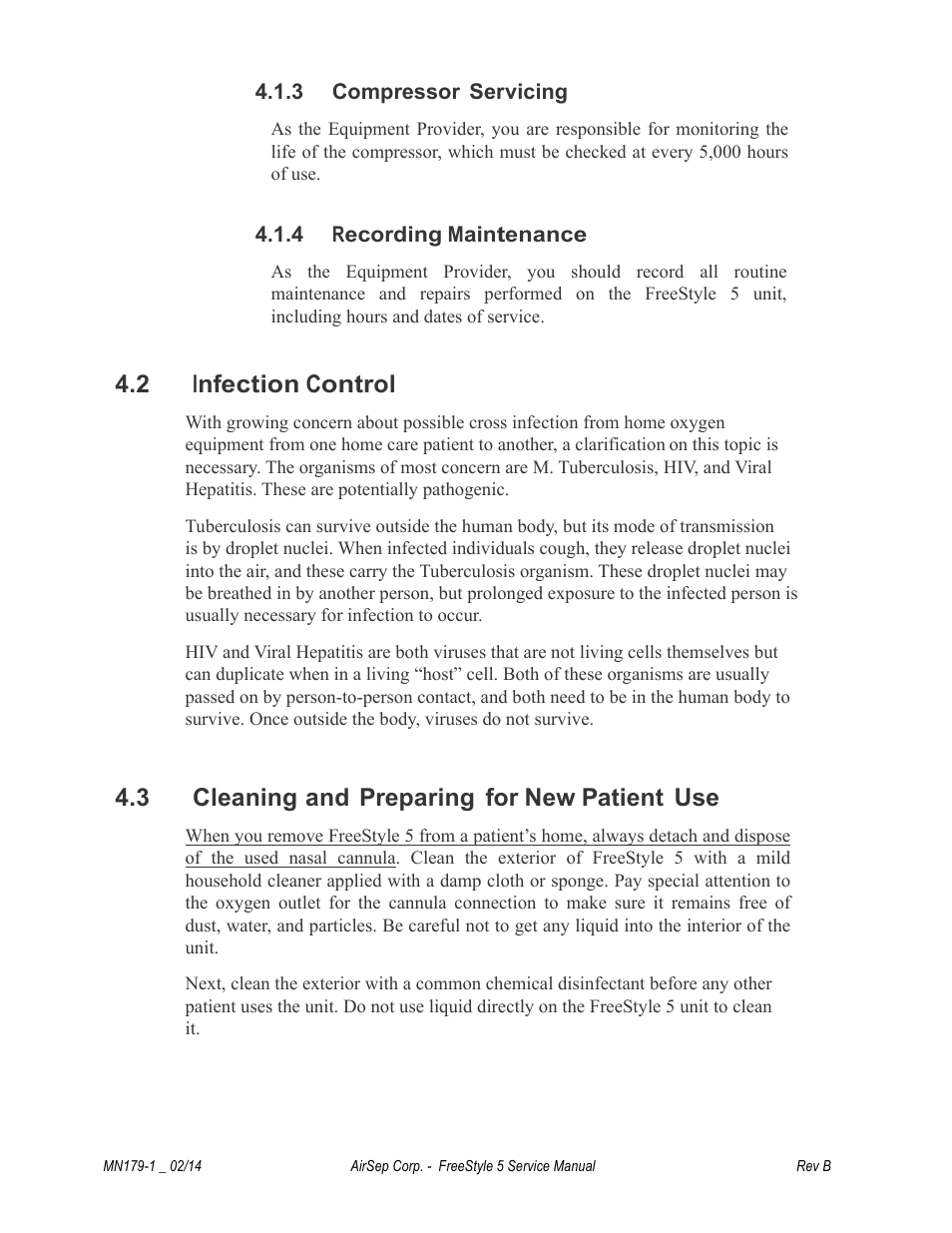 2 infection control, 3 cleaning and preparing for new patient use, 3 compressor servicing | 4 recording maintenance | AirSep MN179-1 B User Manual | Page 24 / 62