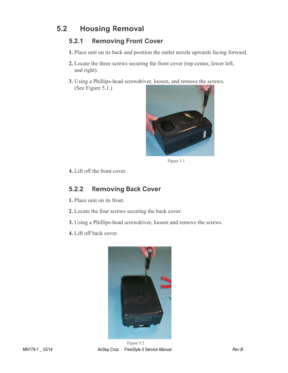 2 housing removal, 1 removing front cover, 2 removing back cover | AirSep MN179-1 B User Manual | Page 26 / 62