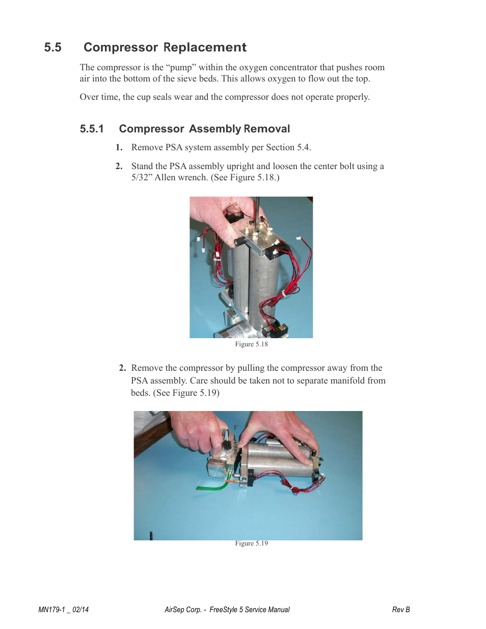 5 compressor replacement, 1 compressor assembly removal | AirSep MN179-1 B User Manual | Page 33 / 62
