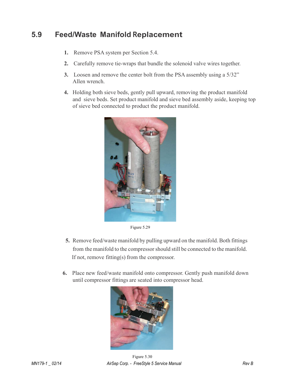 9 feed/waste manifold replacement | AirSep MN179-1 B User Manual | Page 40 / 62