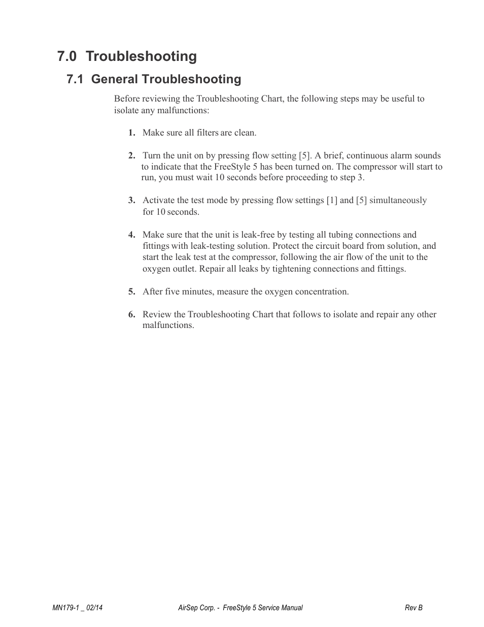 0 troubleshooting, 1 general troubleshooting | AirSep MN179-1 B User Manual | Page 53 / 62