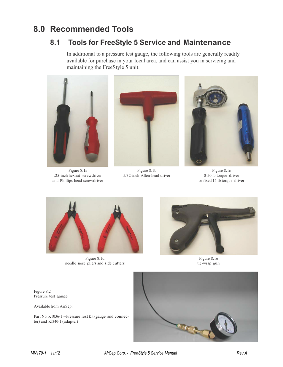 0 recommended tools, 1 tools for freestyle 5 service and maintenance | AirSep MN179-1 B User Manual | Page 57 / 62