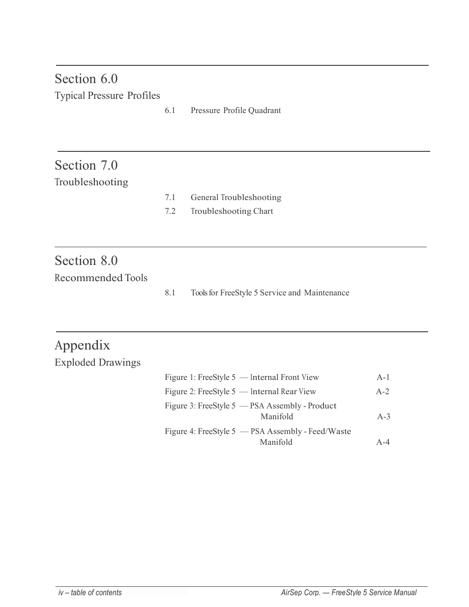Appendix, Typical pressure profiles, Troubleshooting | Recommended tools, Exploded drawings | AirSep MN179-1 B User Manual | Page 6 / 62