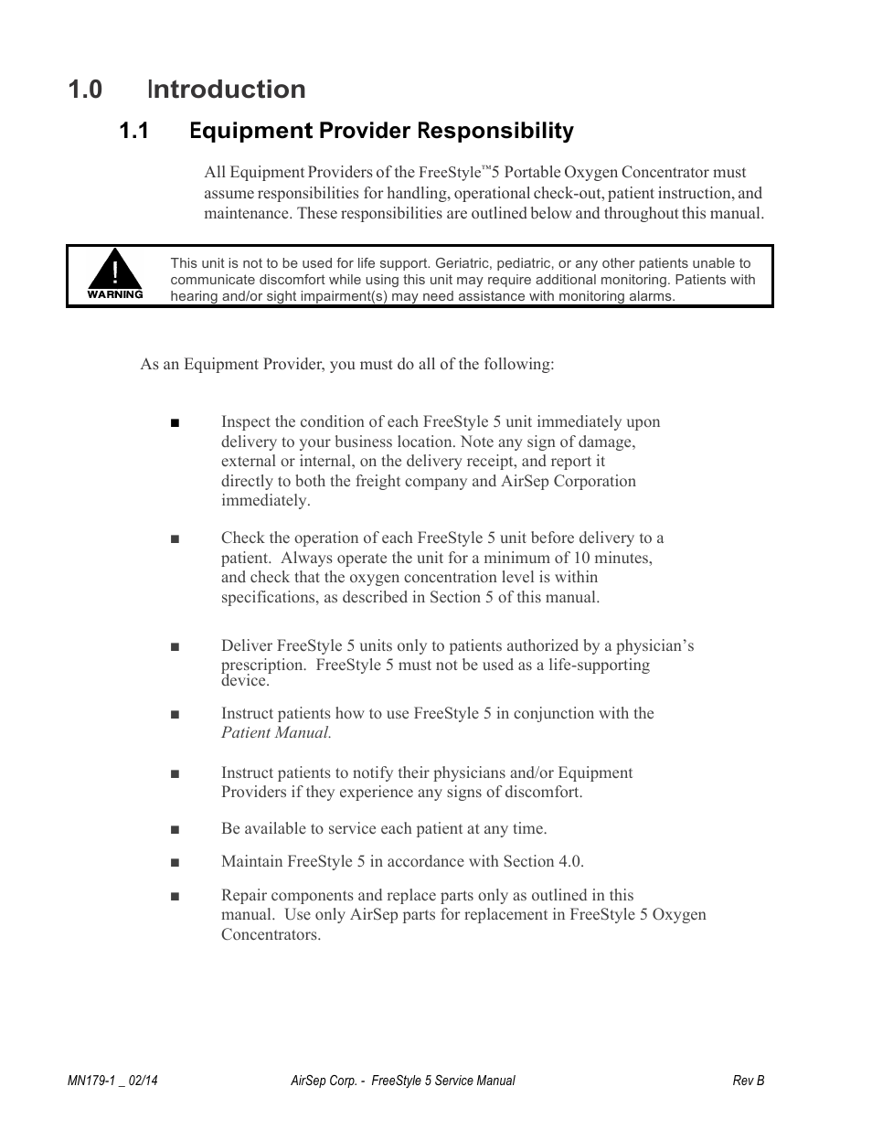 0 introduction, 1 equipment provider responsibility | AirSep MN179-1 B User Manual | Page 8 / 62
