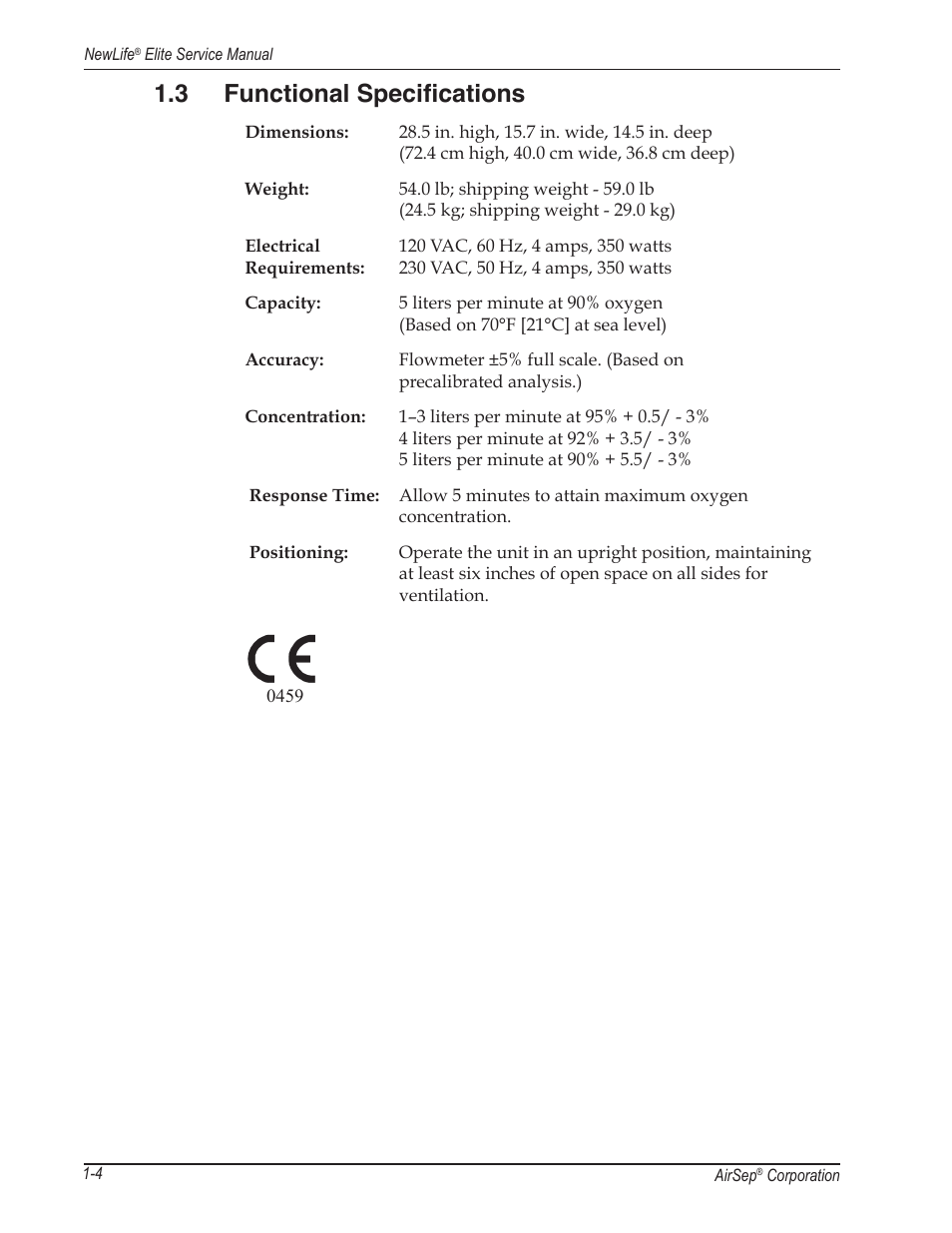 3 functional specifications | AirSep MN105-1 C User Manual | Page 10 / 52