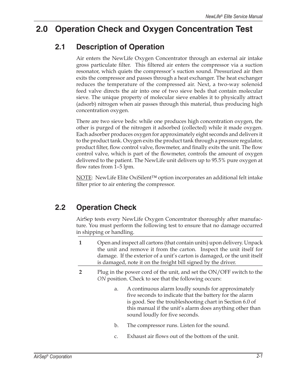 0 operation check and oxygen concentration test, 1 description of operation, 2 operation check | AirSep MN105-1 C User Manual | Page 11 / 52