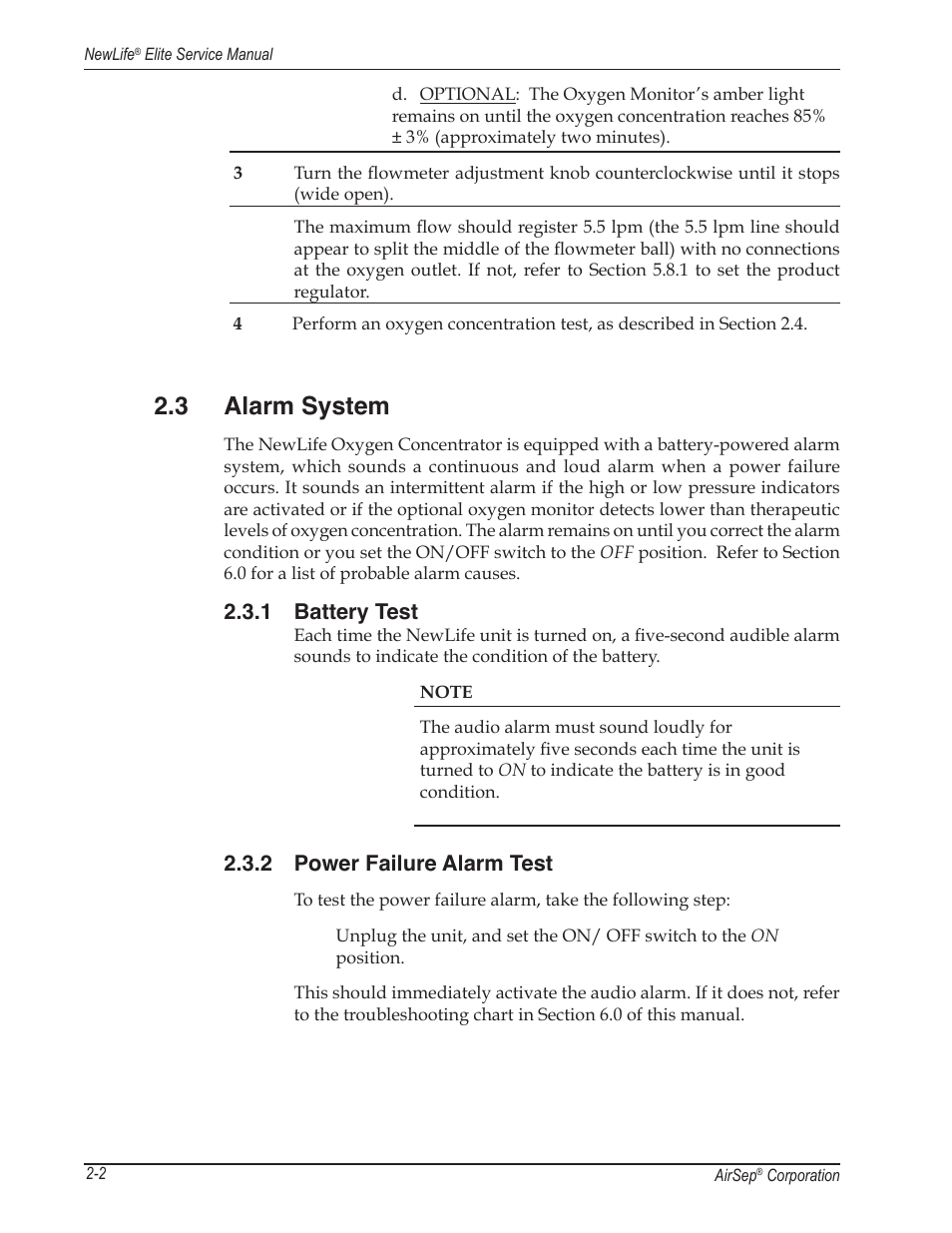 3 alarm system, 1 battery test, 2 power failure alarm test | AirSep MN105-1 C User Manual | Page 12 / 52