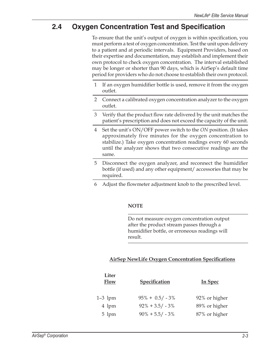 4 oxygen concentration test and specification | AirSep MN105-1 C User Manual | Page 13 / 52