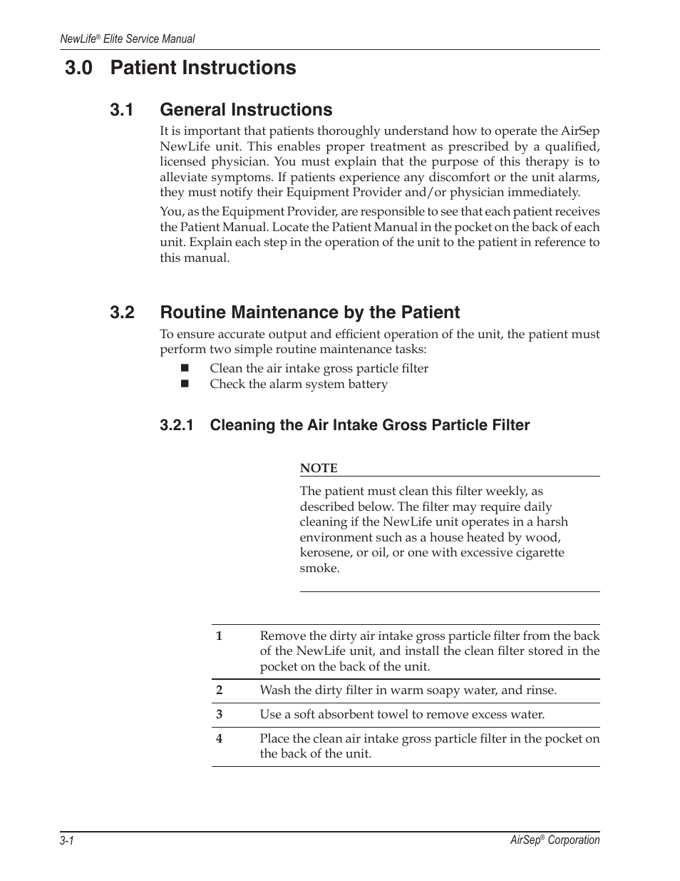 0 patient instructions, 1 general instructions, 2 routine maintenance by the patient | 1 cleaning the air intake gross particle filter | AirSep MN105-1 C User Manual | Page 14 / 52