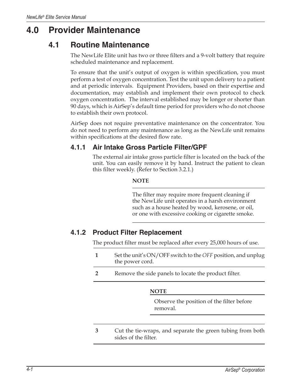 0 provider maintenance, 1 routine maintenance, 1 air intake gross particle filter/gpf | 2 product filter replacement | AirSep MN105-1 C User Manual | Page 16 / 52