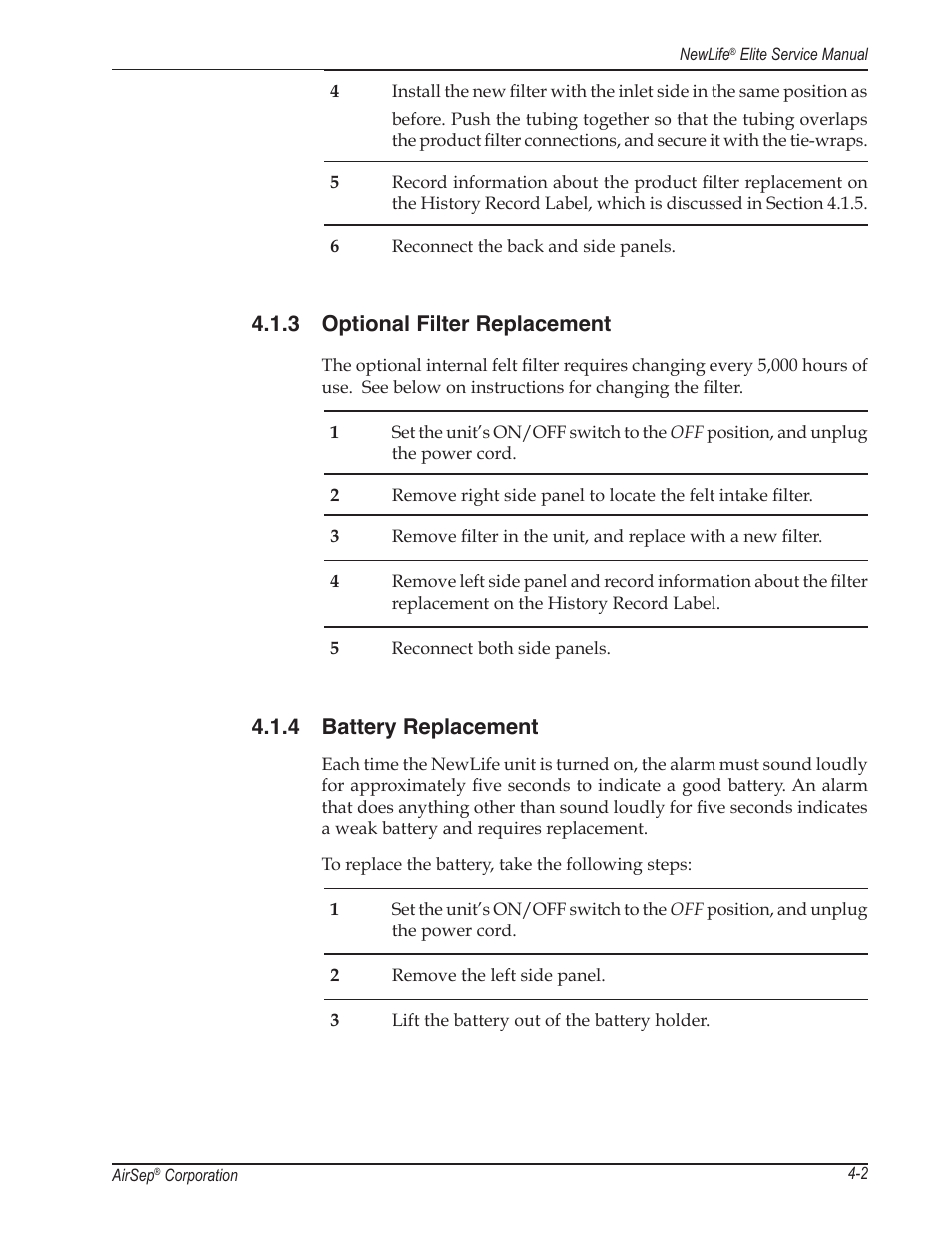 3 optional filter replacement, 4 battery replacement | AirSep MN105-1 C User Manual | Page 17 / 52