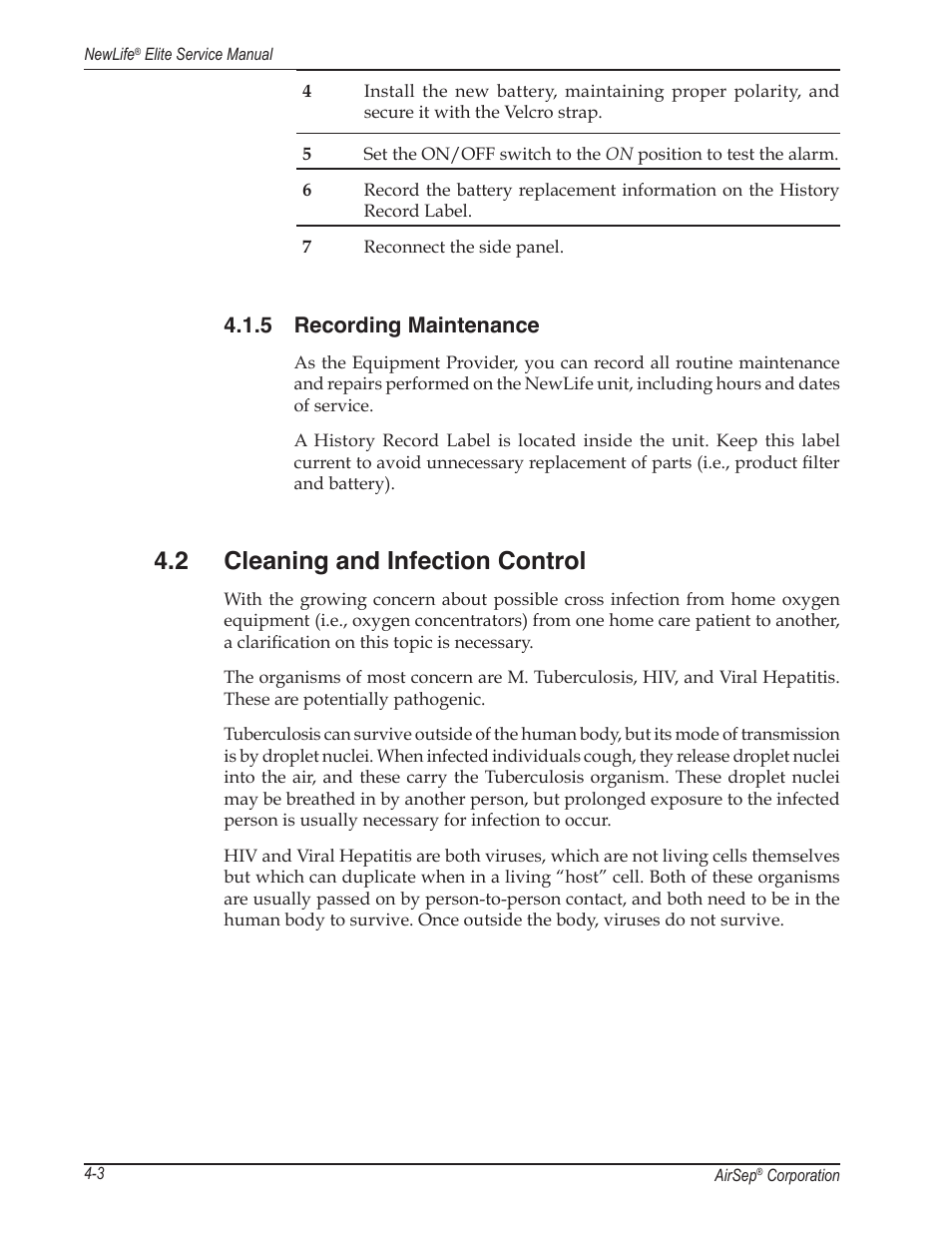 2 cleaning and infection control, 5 recording maintenance | AirSep MN105-1 C User Manual | Page 18 / 52