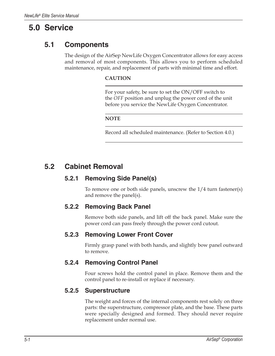 0 service, 1 components, 2 cabinet removal | AirSep MN105-1 C User Manual | Page 20 / 52