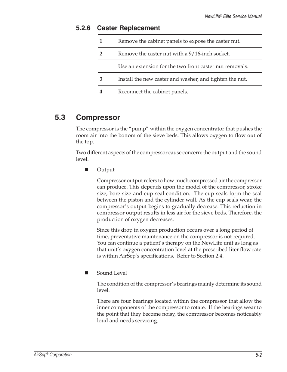 3 compressor, 6 caster replacement | AirSep MN105-1 C User Manual | Page 21 / 52