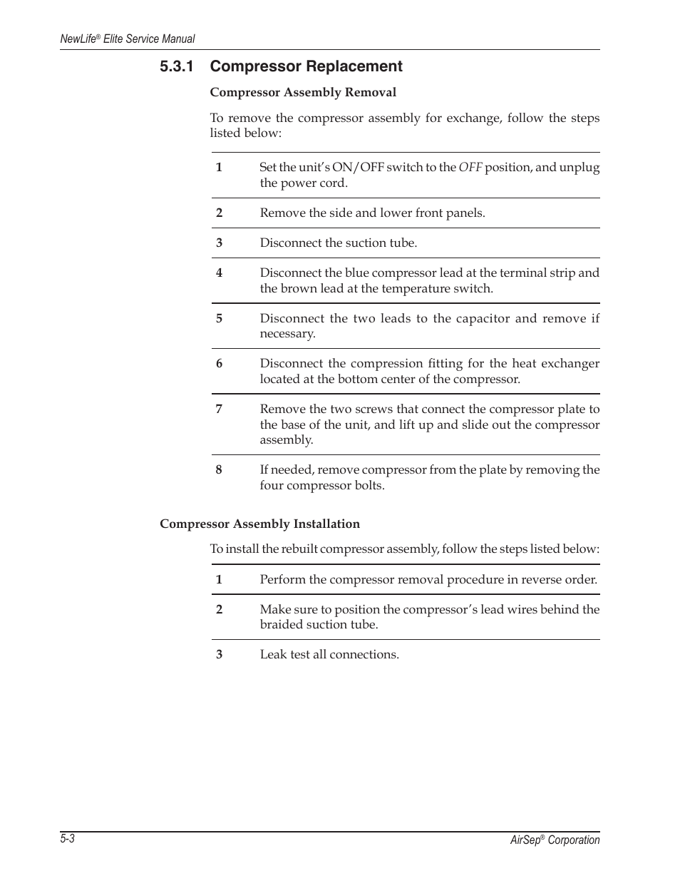 1 compressor replacement | AirSep MN105-1 C User Manual | Page 22 / 52