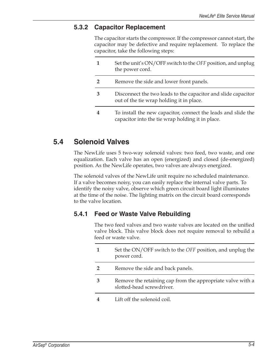 4 solenoid valves, 2 capacitor replacement, 1 feed or waste valve rebuilding | AirSep MN105-1 C User Manual | Page 23 / 52