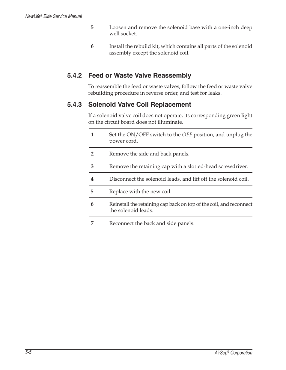 2 feed or waste valve reassembly, 3 solenoid valve coil replacement | AirSep MN105-1 C User Manual | Page 24 / 52