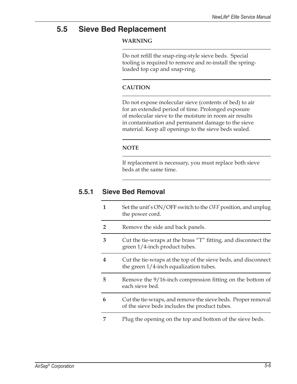 5 sieve bed replacement, 1 sieve bed removal | AirSep MN105-1 C User Manual | Page 25 / 52