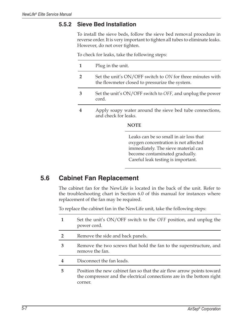 6 cabinet fan replacement, 2 sieve bed installation | AirSep MN105-1 C User Manual | Page 26 / 52