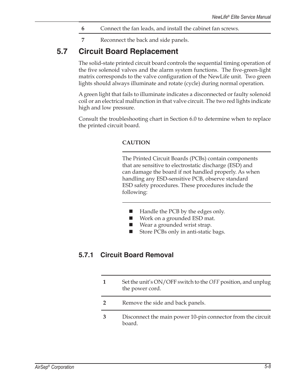 7 circuit board replacement, 1 circuit board removal | AirSep MN105-1 C User Manual | Page 27 / 52