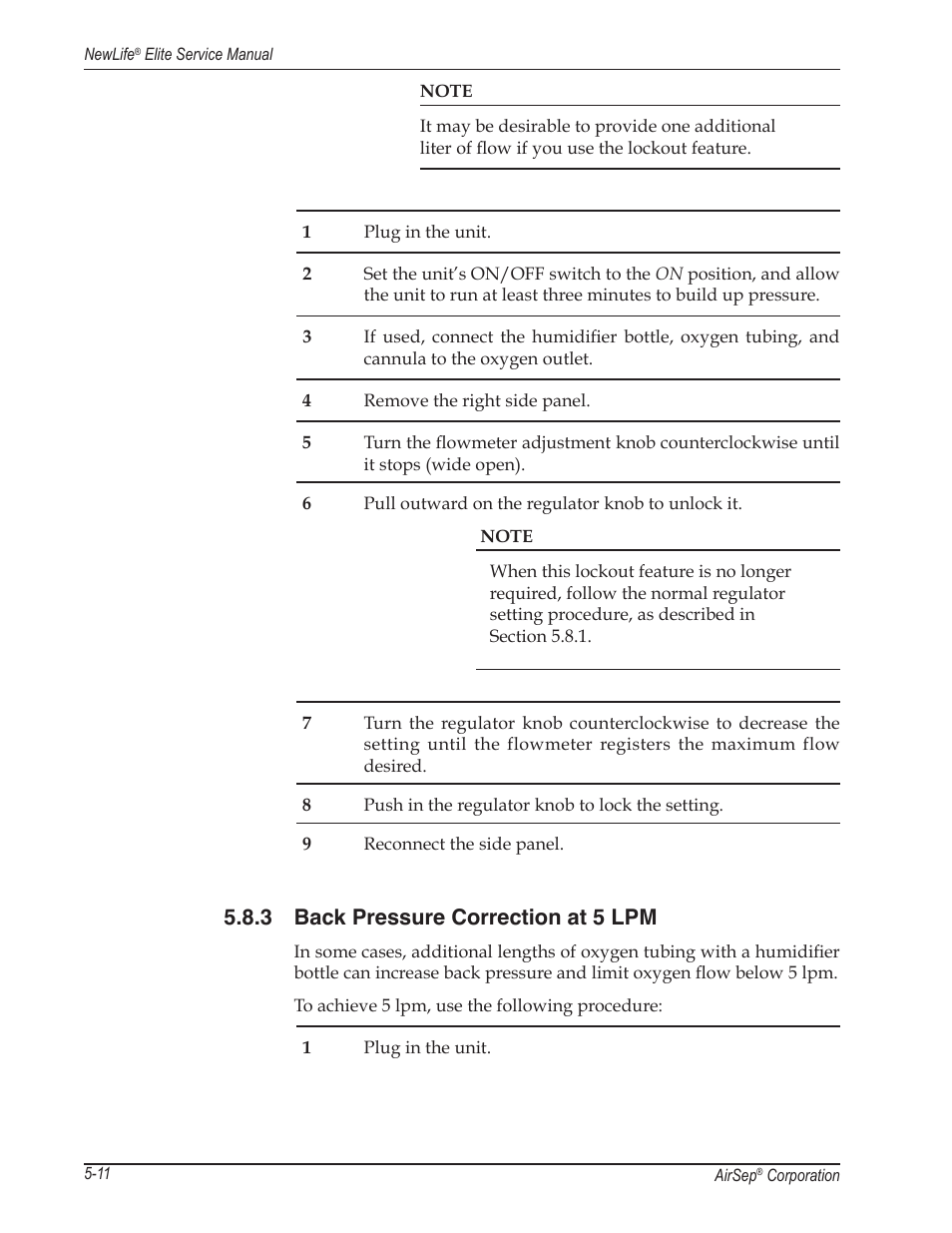 3 back pressure correction at 5 lpm | AirSep MN105-1 C User Manual | Page 30 / 52