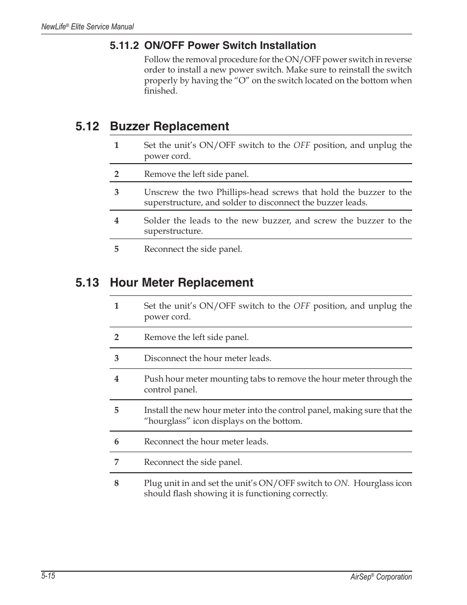 12 buzzer replacement, 13 hour meter replacement, 2 on/off power switch installation | AirSep MN105-1 C User Manual | Page 34 / 52