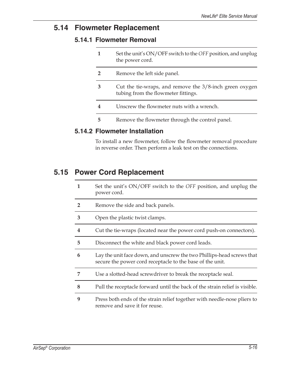 14 flowmeter replacement, 15 power cord replacement, 1 flowmeter removal | 2 flowmeter installation | AirSep MN105-1 C User Manual | Page 35 / 52
