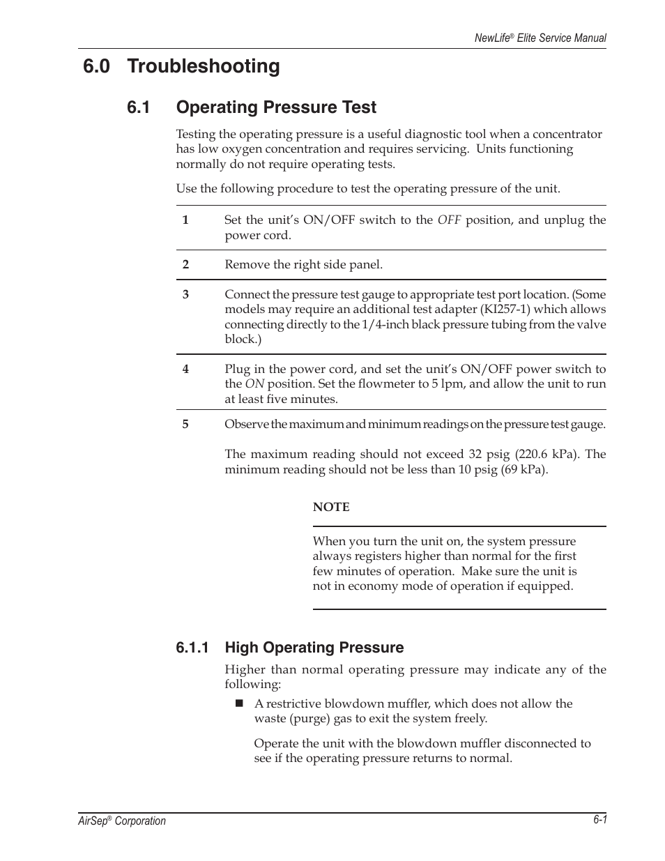 0 troubleshooting, 1 operating pressure test, 1 high operating pressure | AirSep MN105-1 C User Manual | Page 37 / 52