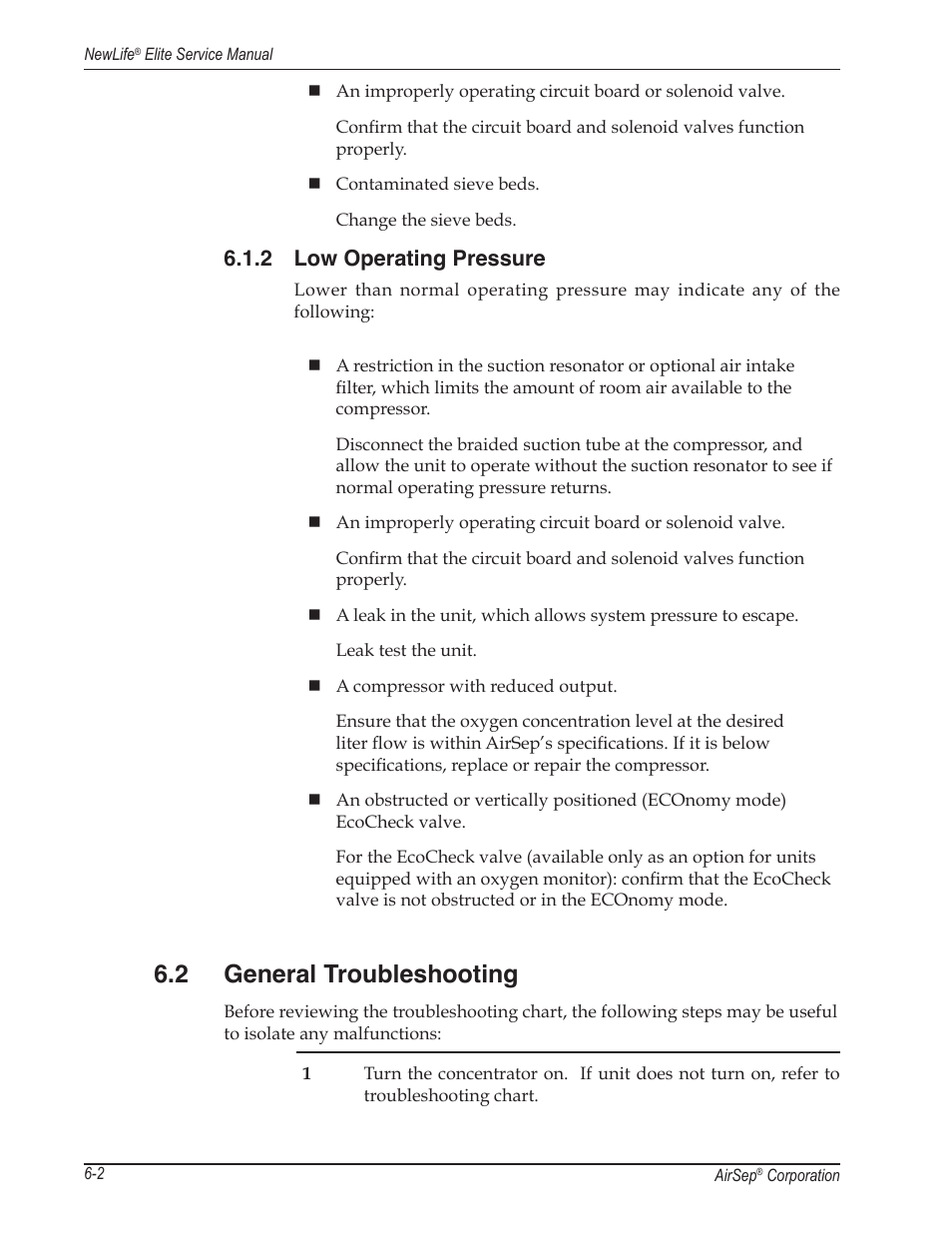 2 general troubleshooting, 2 low operating pressure | AirSep MN105-1 C User Manual | Page 38 / 52