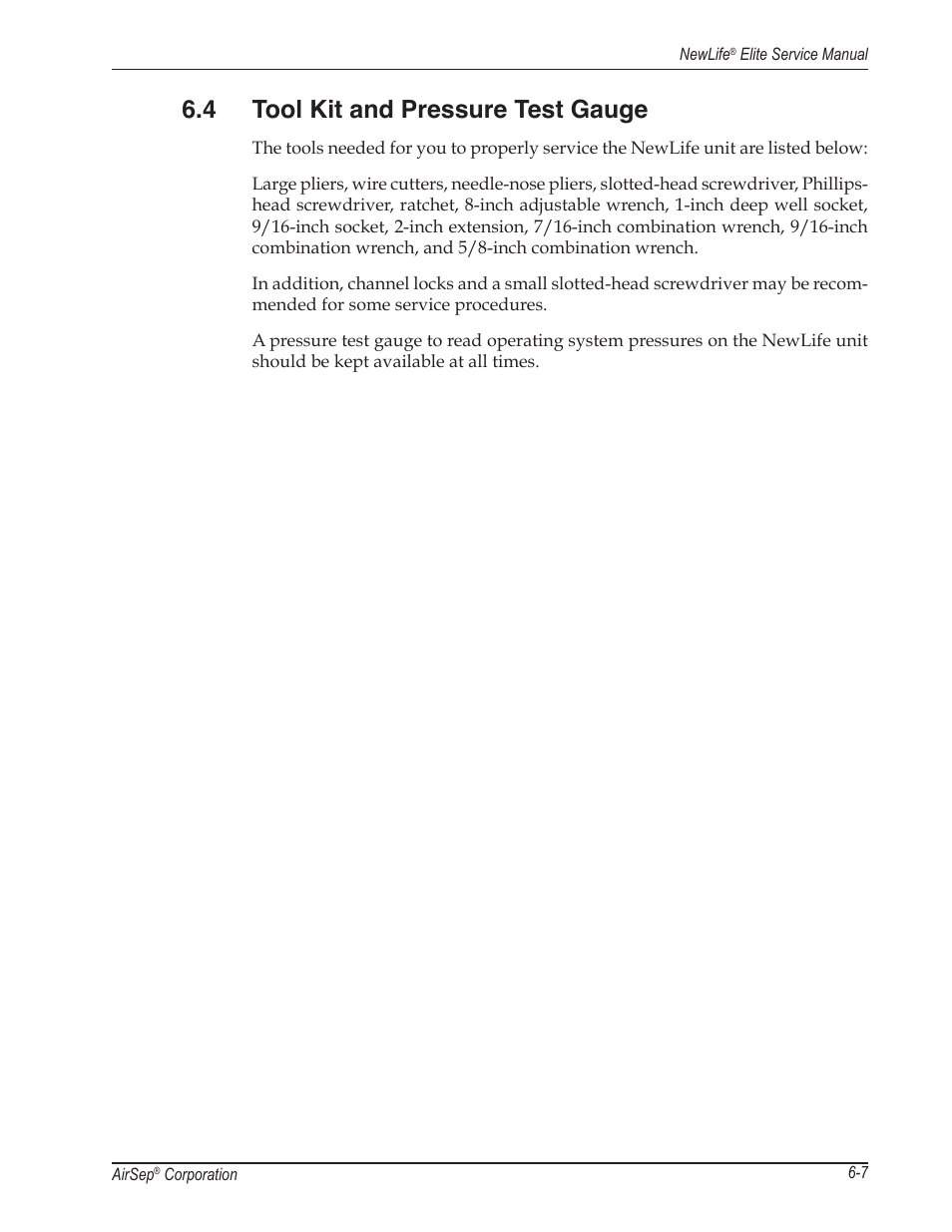 4 tool kit and pressure test gauge | AirSep MN105-1 C User Manual | Page 43 / 52
