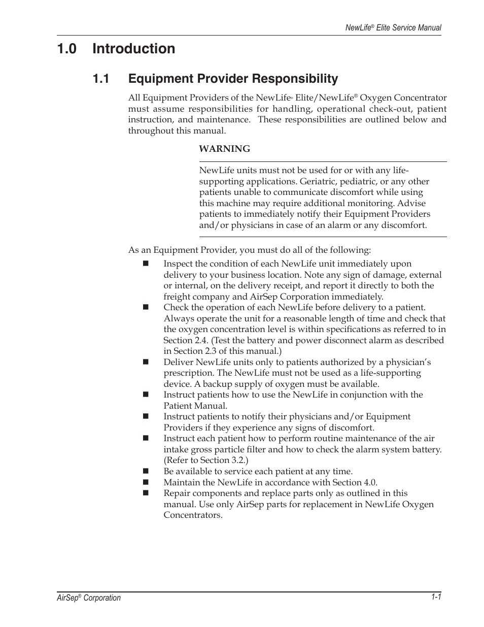 0 introduction, 1 equipment provider responsibility | AirSep MN105-1 C User Manual | Page 7 / 52