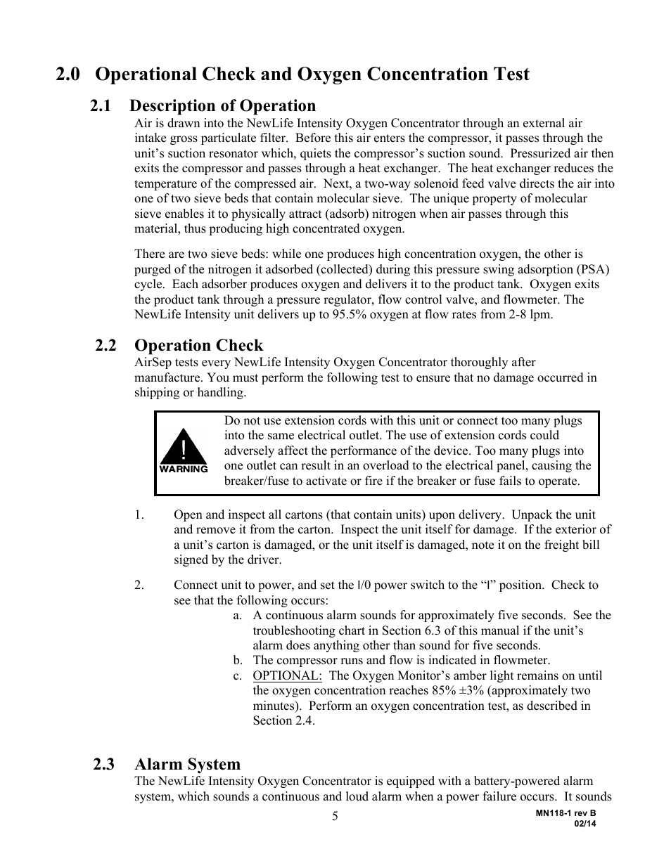 0 operational check and oxygen concentration test, 1 description of operation, 2 operation check | 3 alarm system | AirSep MN118-1 B User Manual | Page 10 / 40