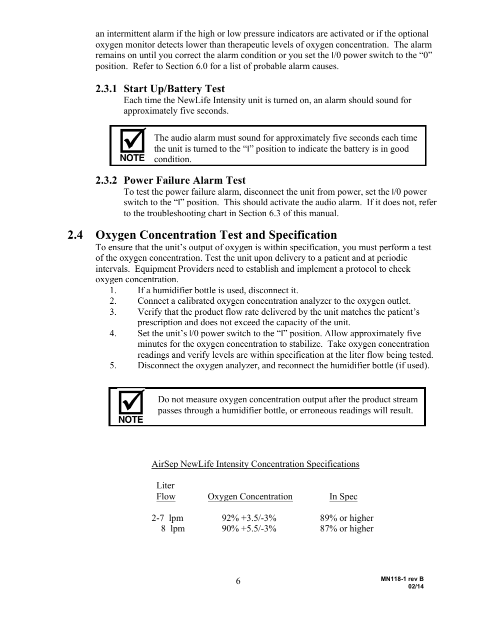 Oxygen concentration test and specification | AirSep MN118-1 B User Manual | Page 11 / 40