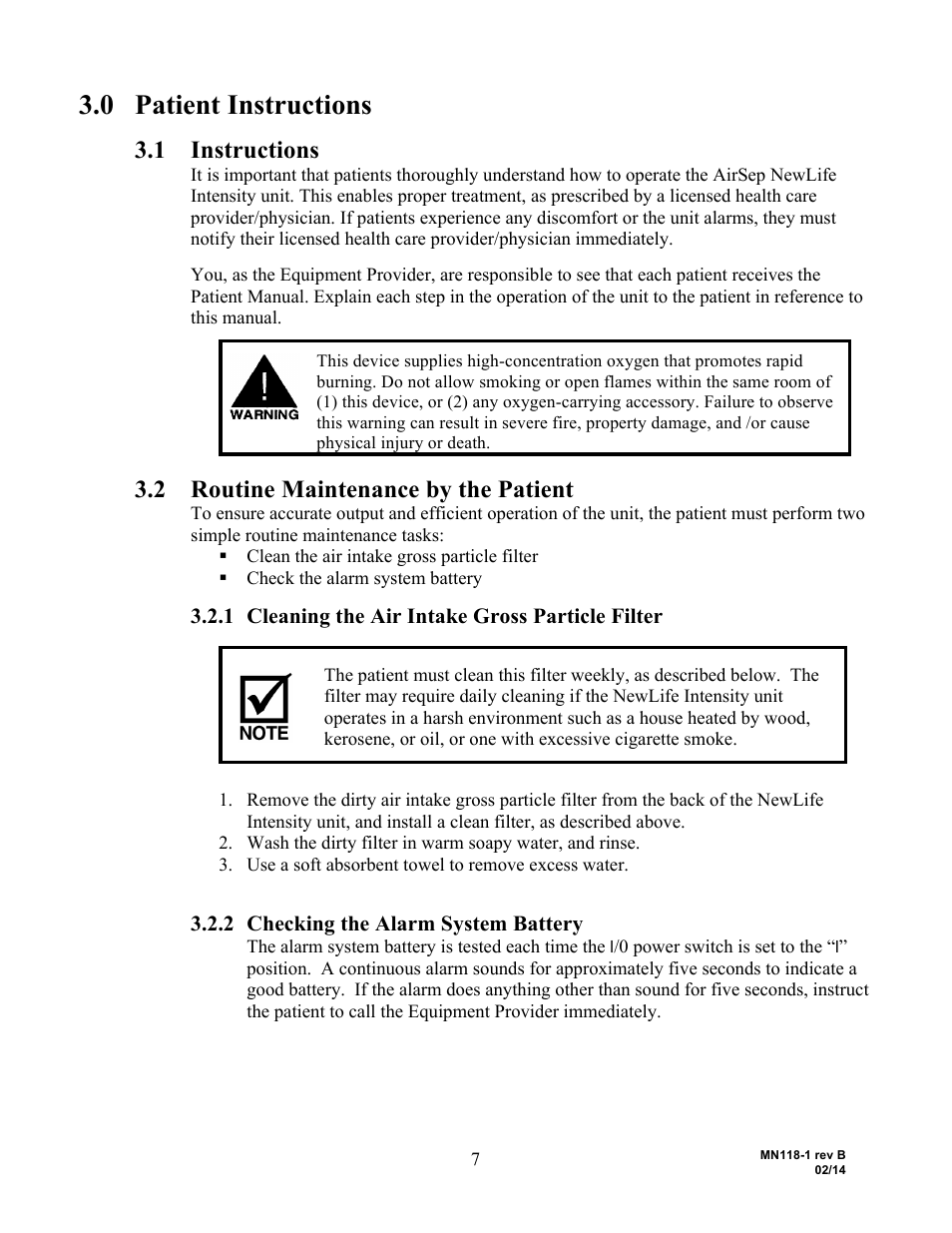 0 patient instructions, 1 instructions, 2 routine maintenance by the patient | 1 cleaning the air intake gross particle filter, 2 checking the alarm system battery | AirSep MN118-1 B User Manual | Page 12 / 40