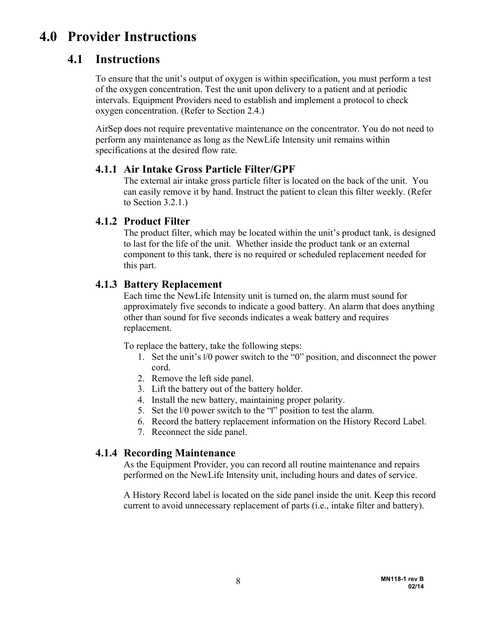 0 provider instructions, 1 instructions, 1 air intake gross particle filter/gpf | 2 product filter, 3 battery replacement, 4 recording maintenance | AirSep MN118-1 B User Manual | Page 13 / 40