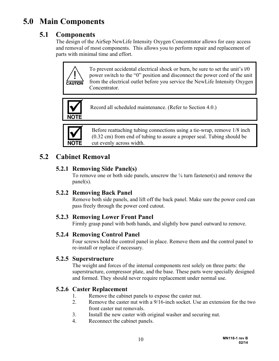0 main components, 1 components, 2 cabinet removal | 1 removing side panel(s), 2 removing back panel, 3 removing lower front panel, 4 removing control panel, 5 superstructure, 6 caster replacement | AirSep MN118-1 B User Manual | Page 15 / 40