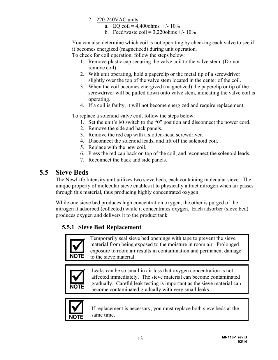 5 sieve beds, 1 sieve bed replacement | AirSep MN118-1 B User Manual | Page 18 / 40