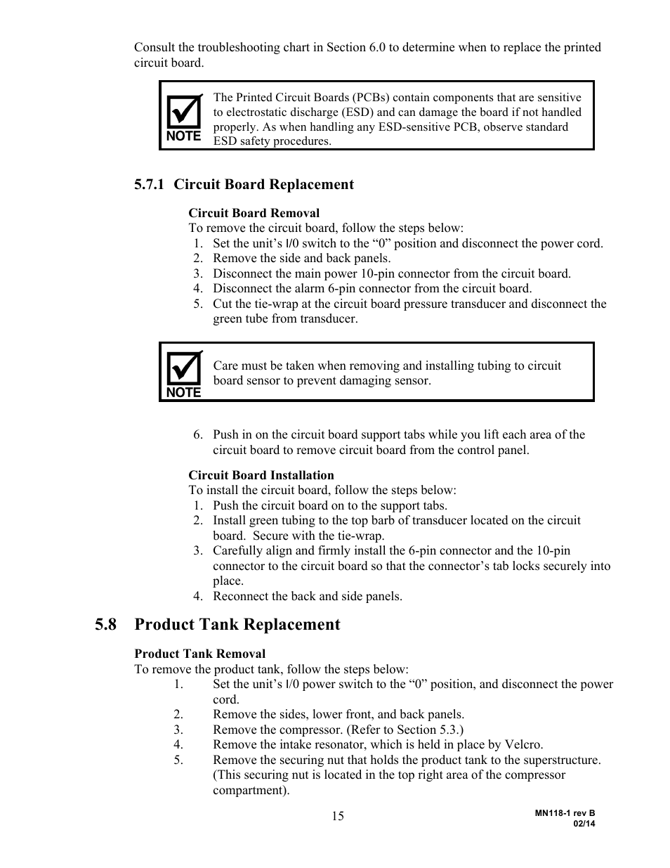 8 product tank replacement, 1 circuit board replacement | AirSep MN118-1 B User Manual | Page 20 / 40